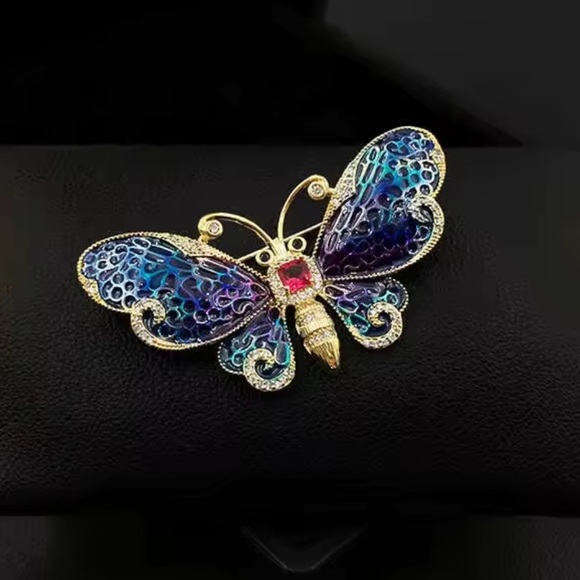 Butterfly Majestic Blue Gold Brooch - Picture 6 of 9